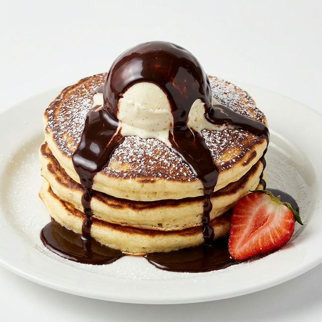 Thick fluffy pancakes with chocolate drizzle, vanilla ice cream, and strawberry